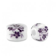 Abalorio de cerámica disco 8x5mm - Blanco-lotus púrpura